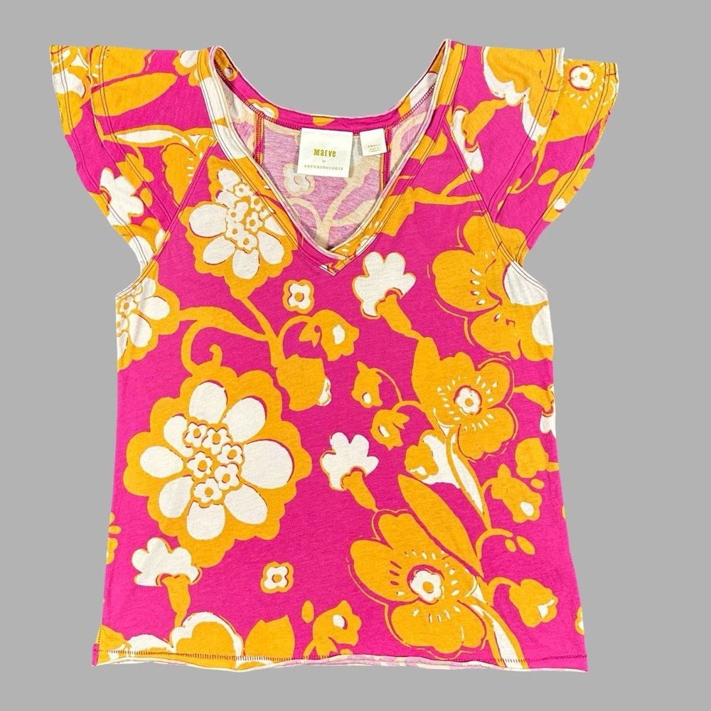 Maeve Anthropologie Catie Top Size S Pink Orange Floral Ruffle Sleeve V Neck